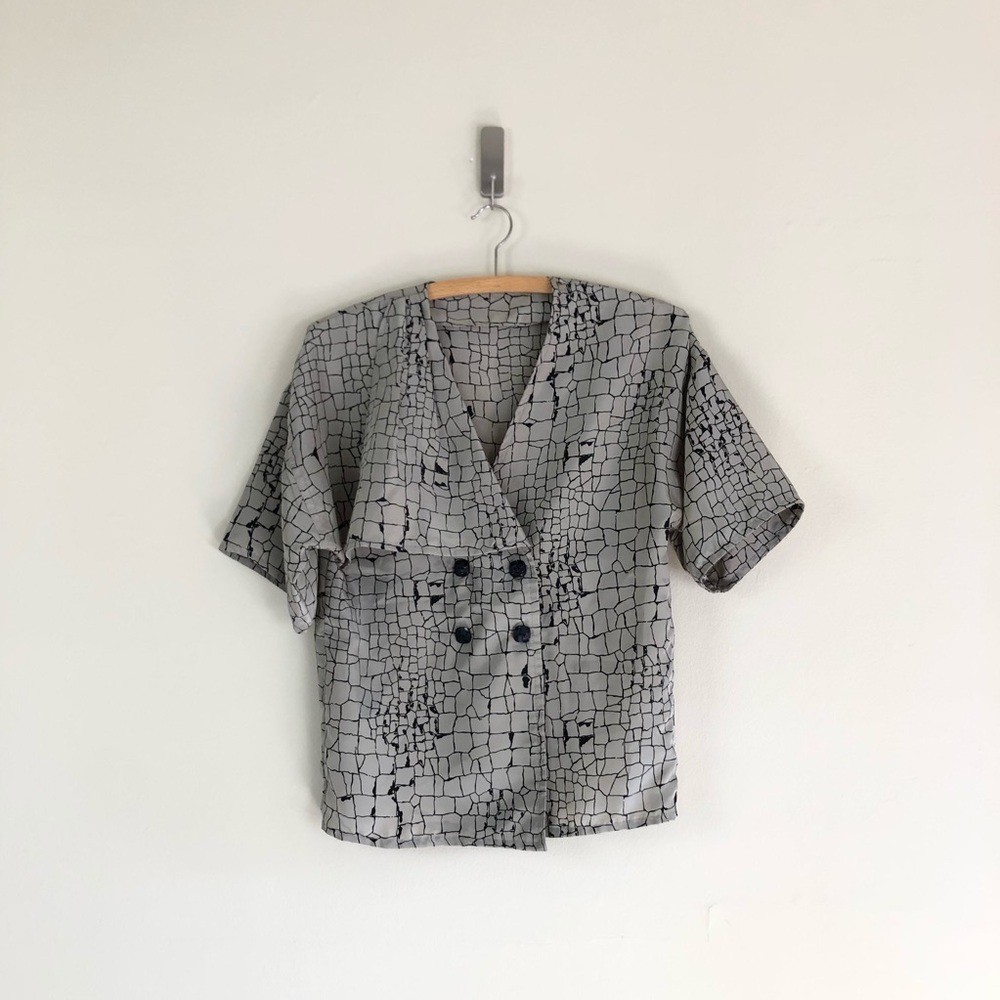 vintage 80s snake skin print blouse abstract animal shirt asymmetrical disco