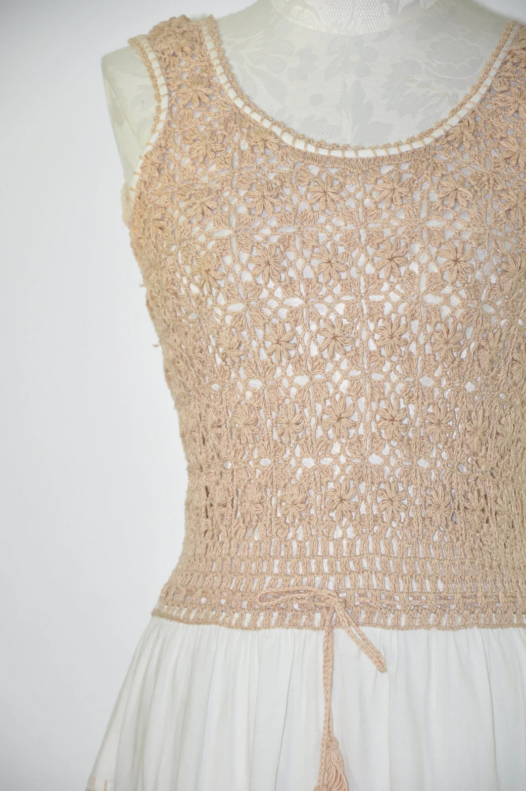 60s Beige White Sheer Crochet Knit Strappy Bohemian Peasant Sundress Women S M