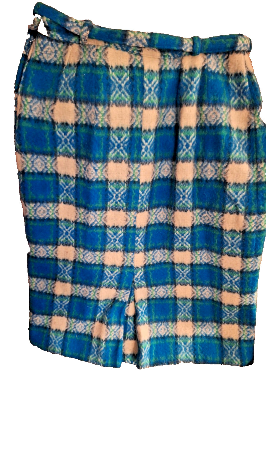 Vtg 1960s Side Zip Up Plaid Skirt Blue, Green Cream (14 Waist X 26 Length