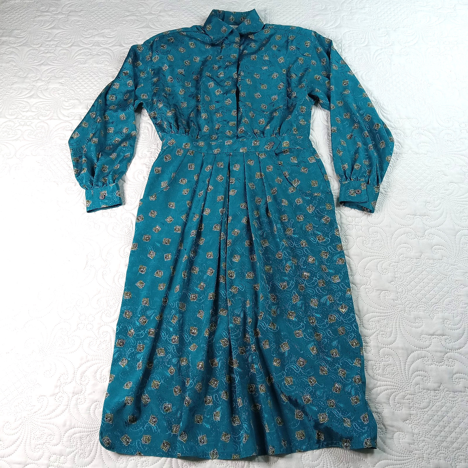 Schrader Petite Sport Shirtdress 6 Teal Paisley Pleated Banded Waist Vtg 80s EUC