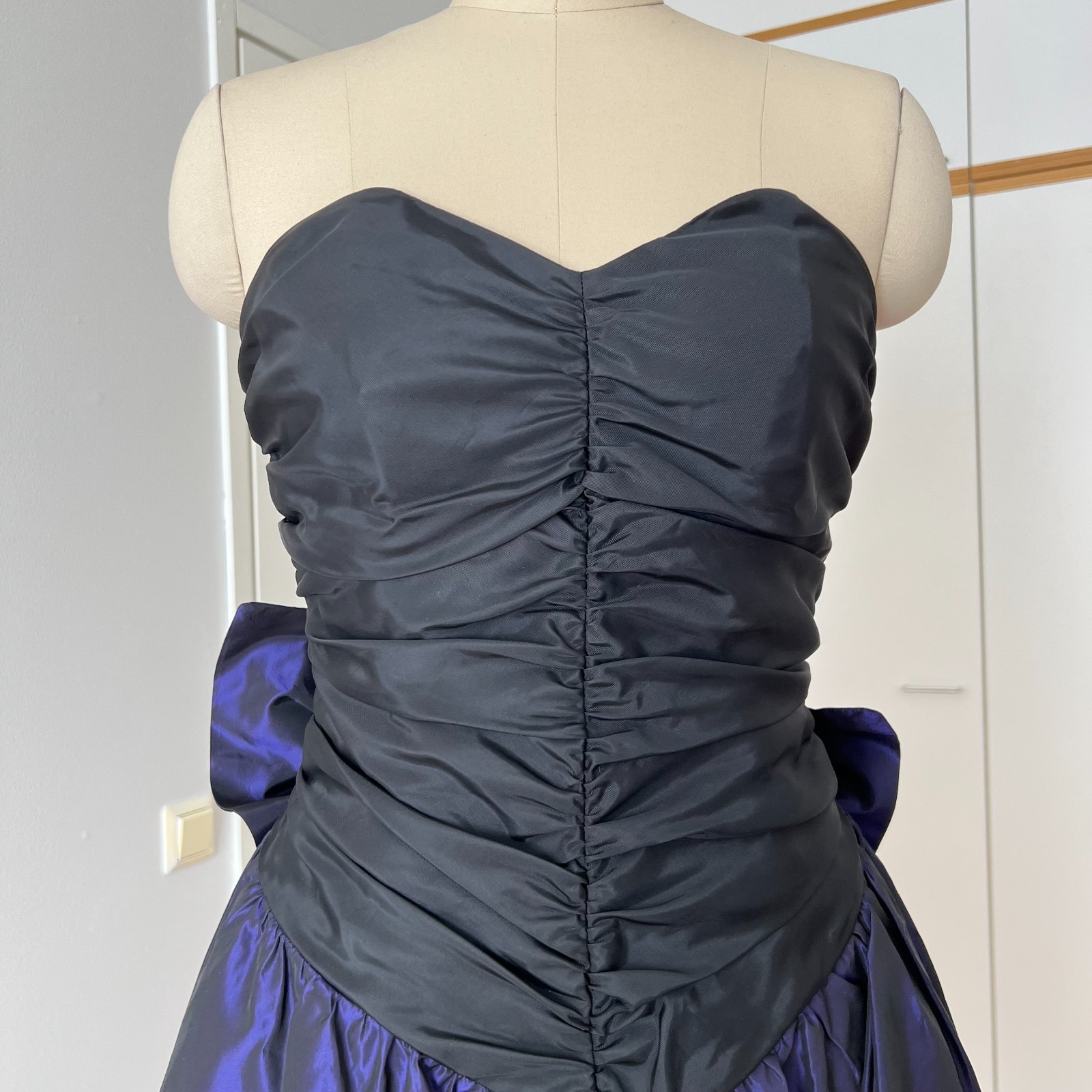 1980s Taffeta Prom Party Dress Bow Back Ruched Cocktail Strapless Gown EU 36