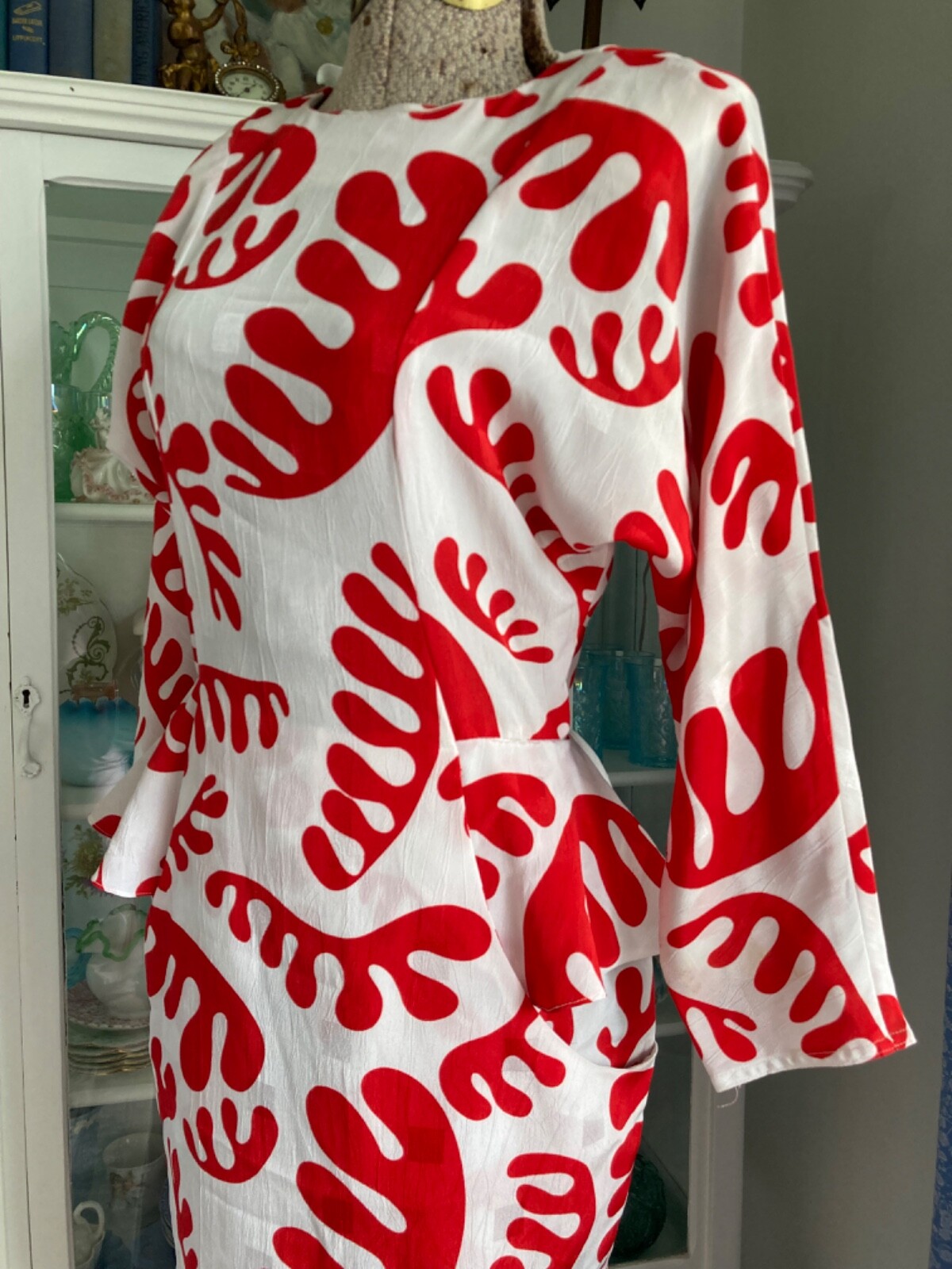 Vtg 80s Billy Jack For Her White & Red Amoeba Midi Dress Wiggle Peplum S 32 Retr