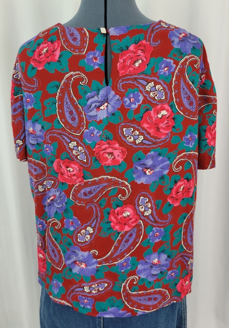 Vintage Burgundy S/S Blouse with Red/Purp/Teal Florals & Paisley Size XL?