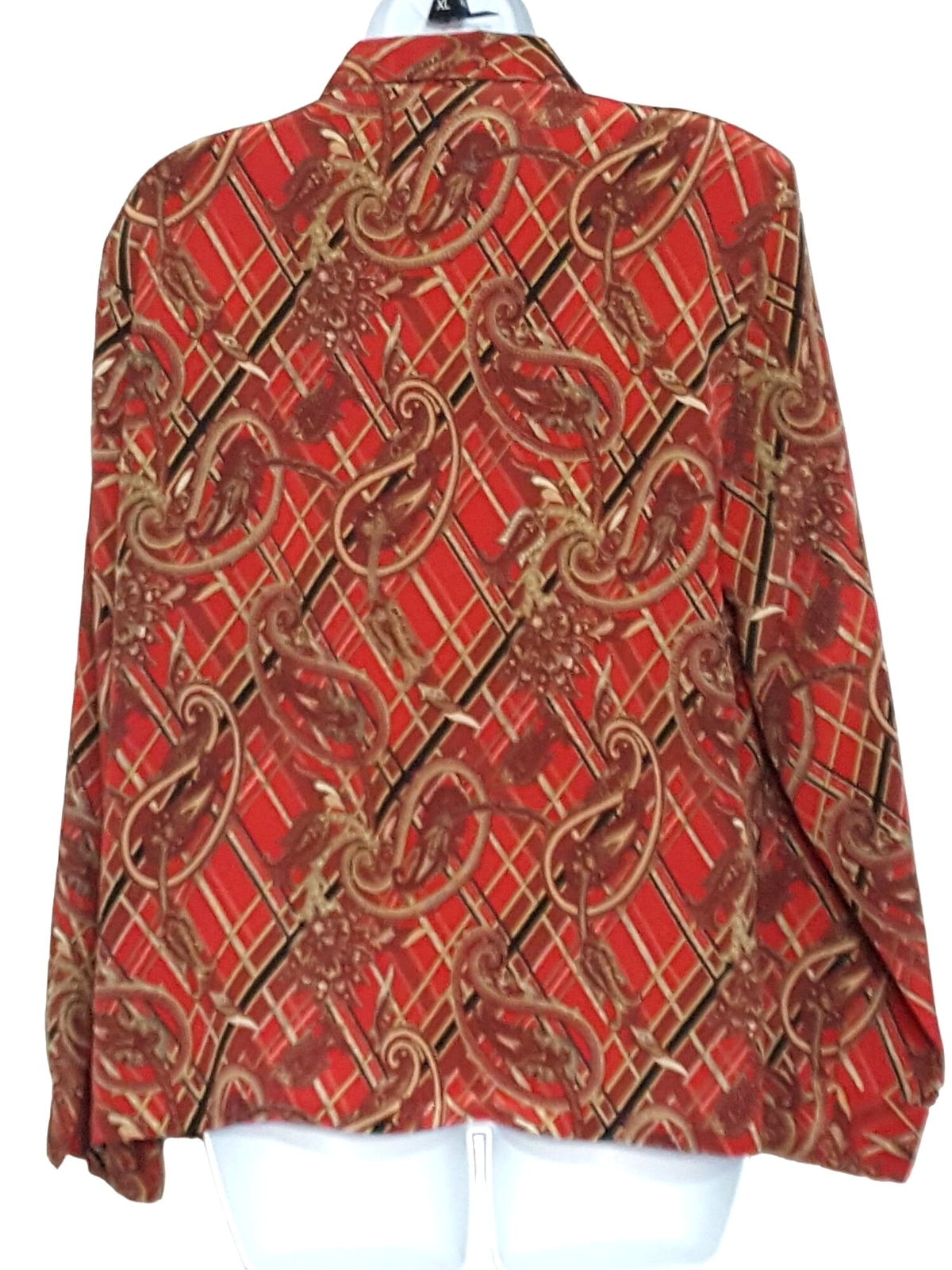 Vintage 80s Secretary Blouse M Red Shoulder Pad Button Up Long Sleeve Paisley