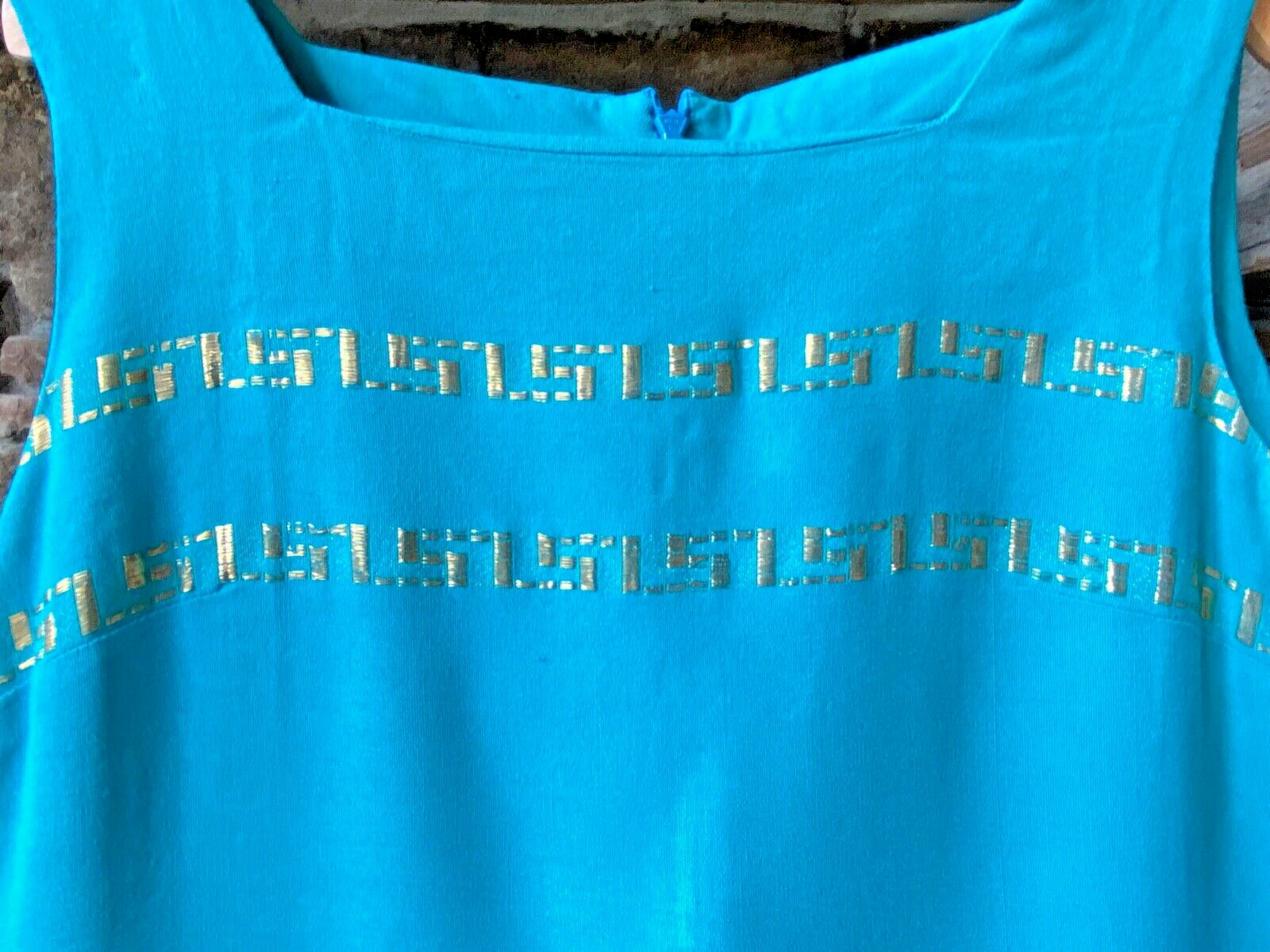 Vintage 60’s Turquoise Mod Shift Dress, Women’s 8-10 Gold embroidery GoGo