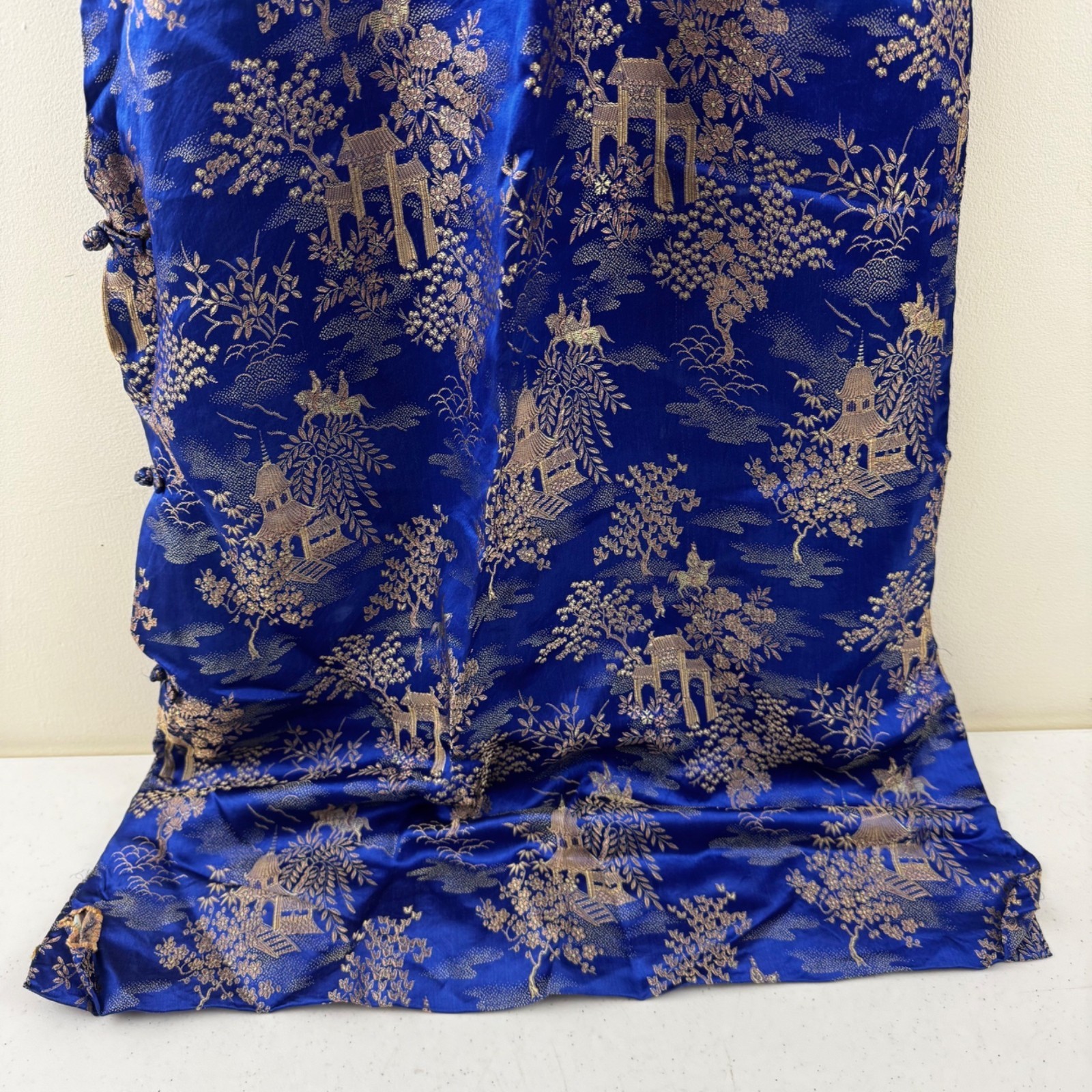 Vintage Blue & Gold Asian Brocade Cheongsam Dress With High Collar & Side Button