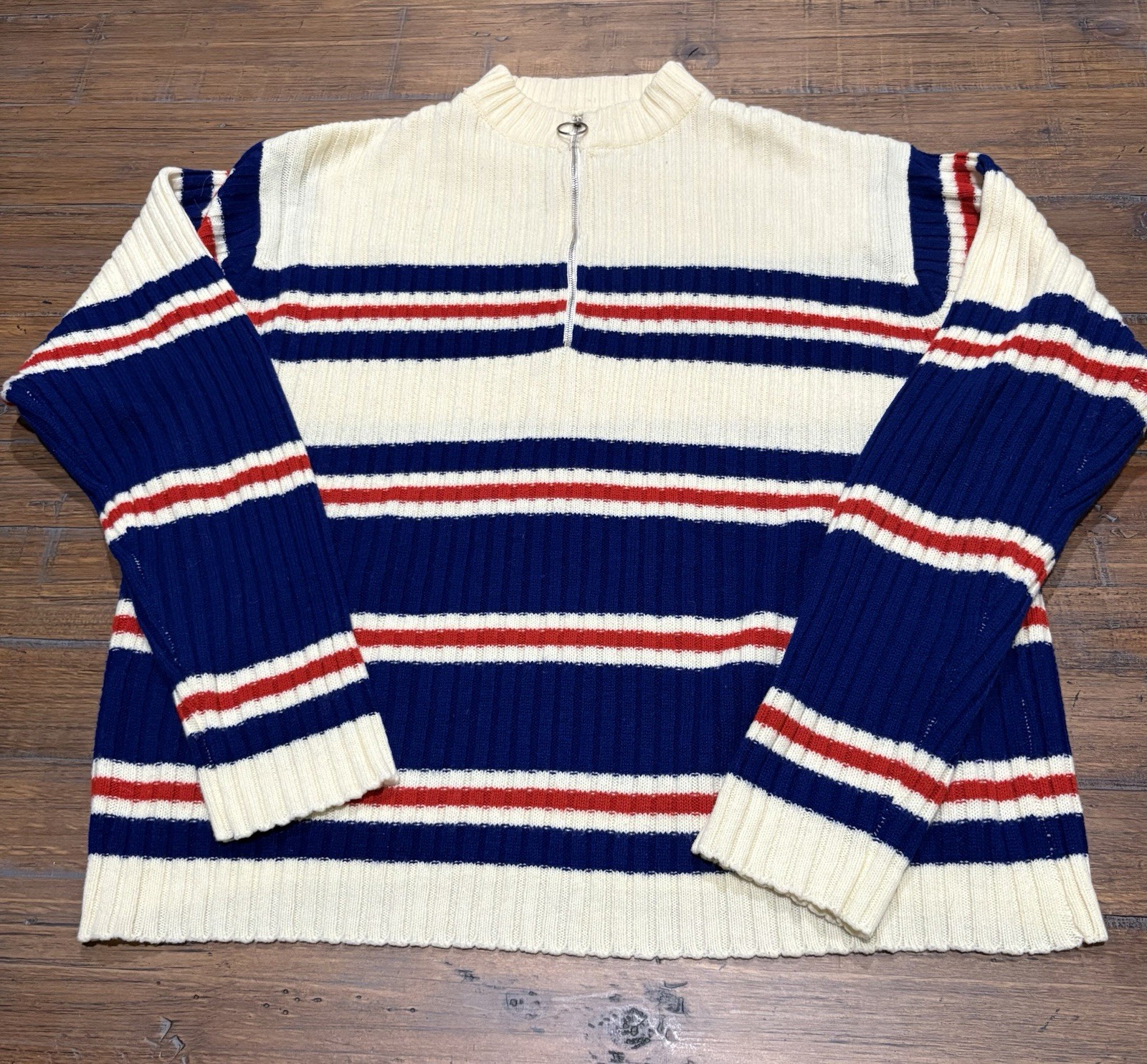 Vintage 60s 70s Women’s 1/4 Zip Striped Mock Neck Sweater Darwin Size XL