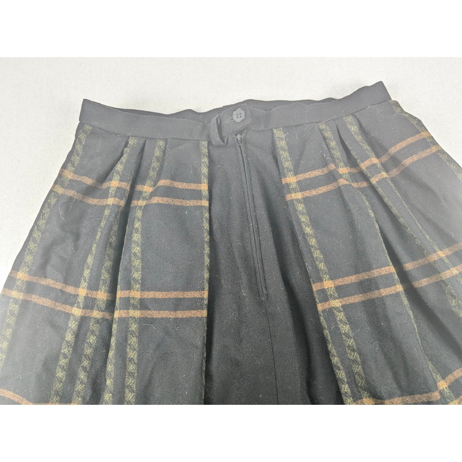 Vtg Litza Windowpane Plaid Pleated Midi Skirt Black/Brown W. Germany 30W