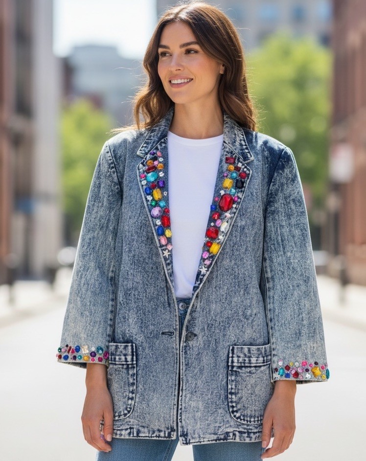 Vtg 80’s Acid Wash Denim Jacket Embellished Colorful Stones Women’s Sz M or L?