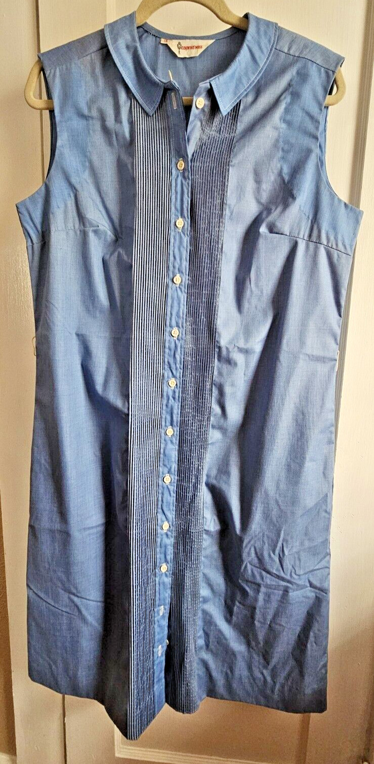 Vtg 60s Country Miss Blue sleeveless knit Button pleated Front shirt dress 18