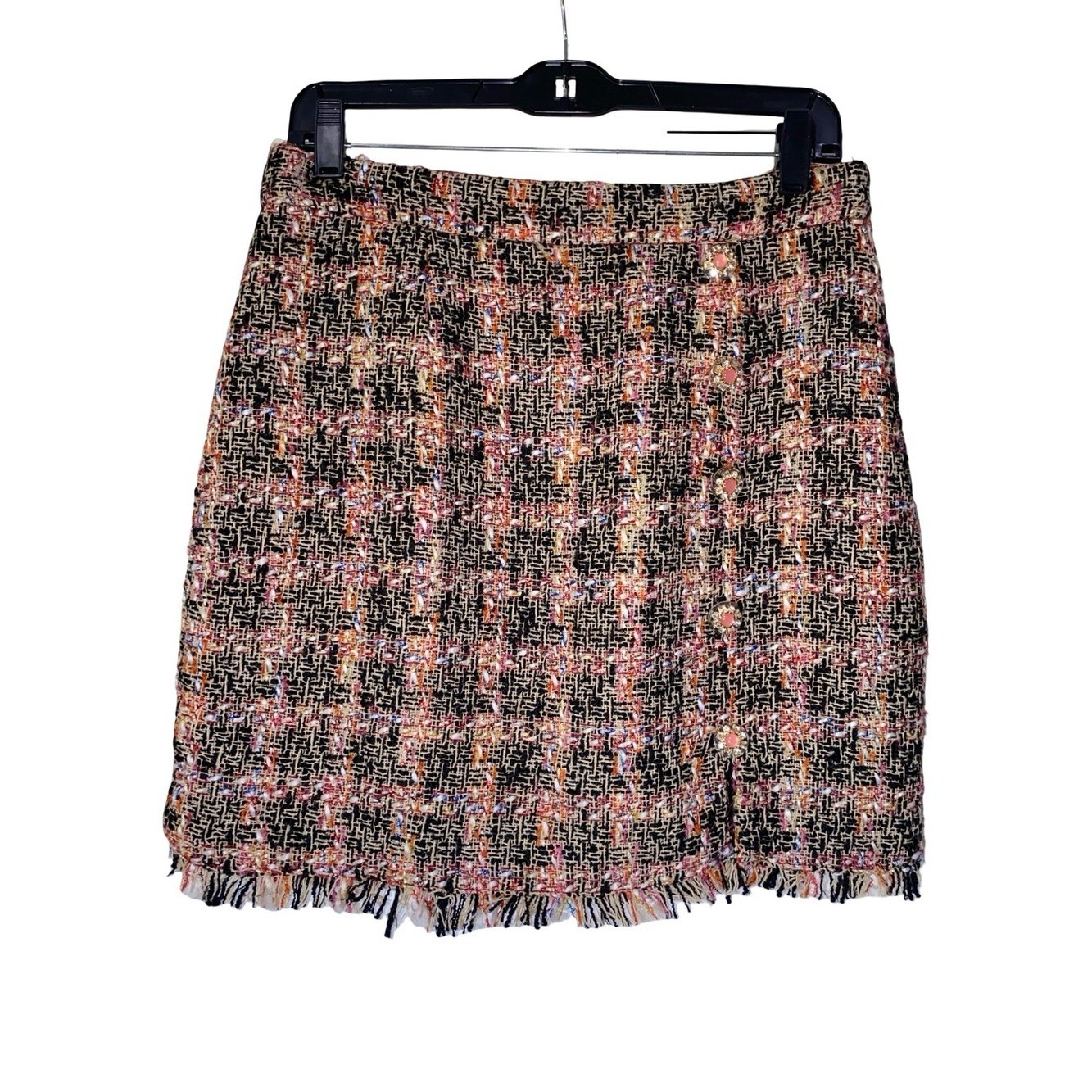 Walter Baker Tweed Mini Skirt Fringed Hem Gold Buttons Pink Black Cream Size M⁠