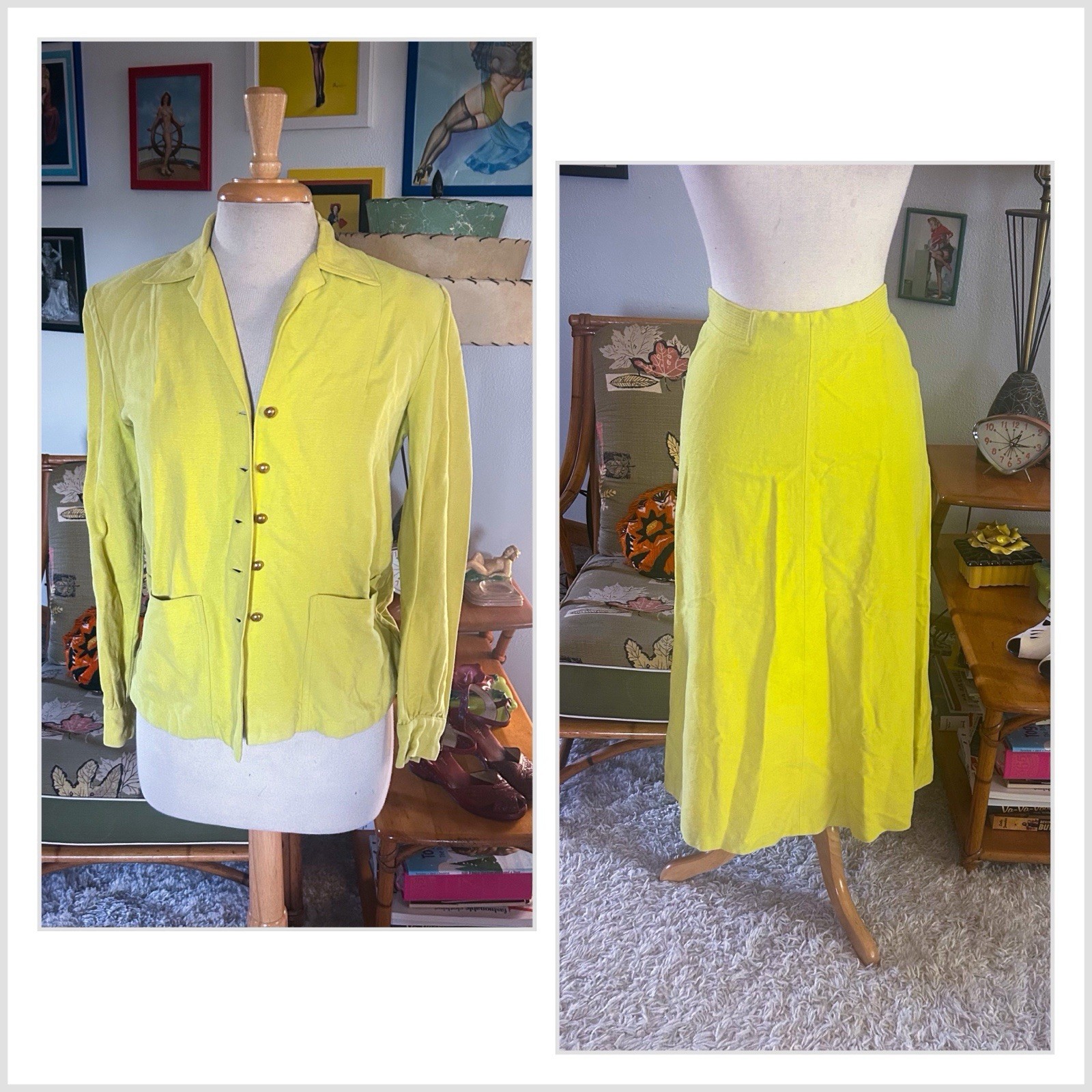 Vintage 1940s Suit Set | Jacket | Skirt | Chartreuse Green | S M | 40s
