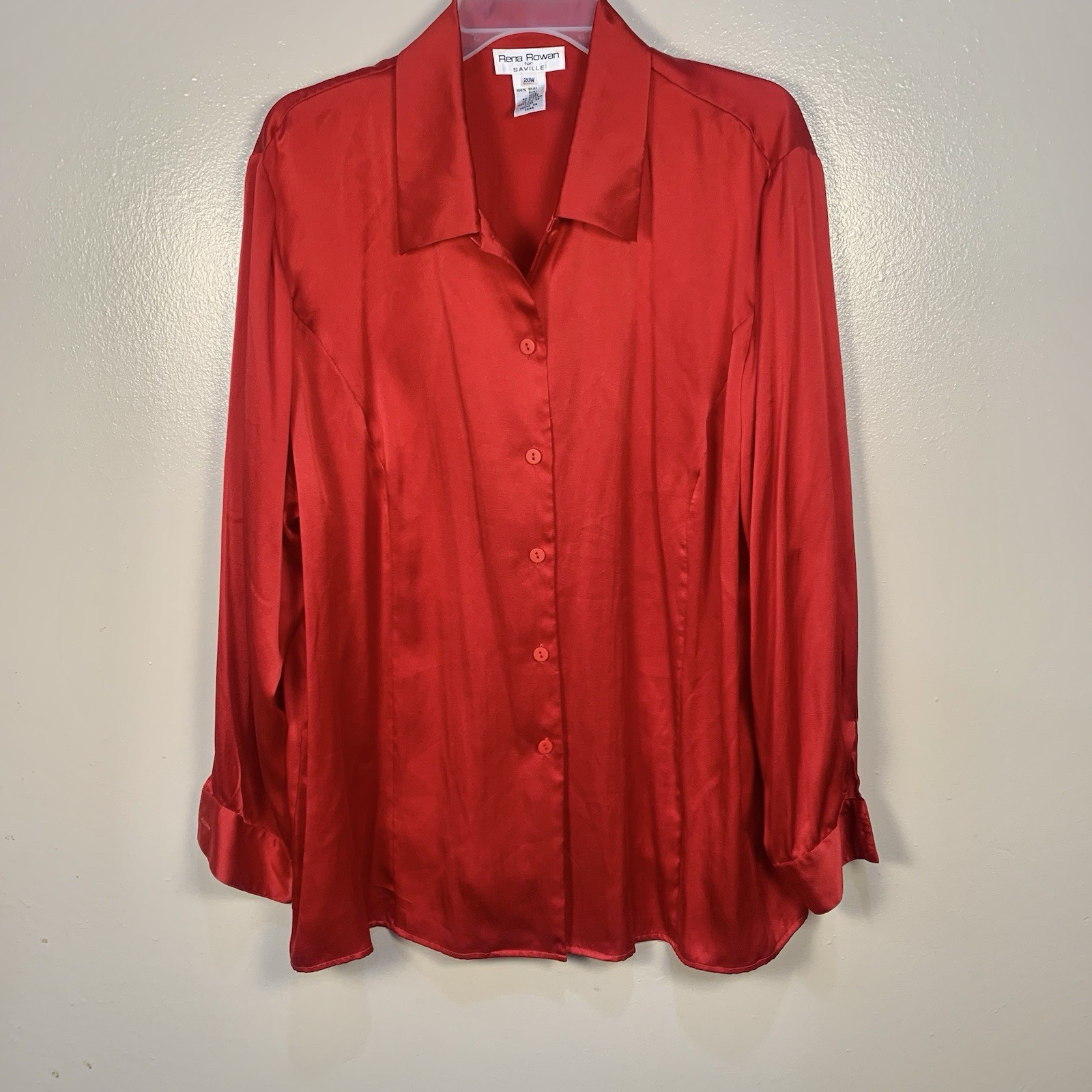 VTG Rena Rowen Saville 100% Silk Long Sleeve Tunic Button Front Blouse Red 20 W