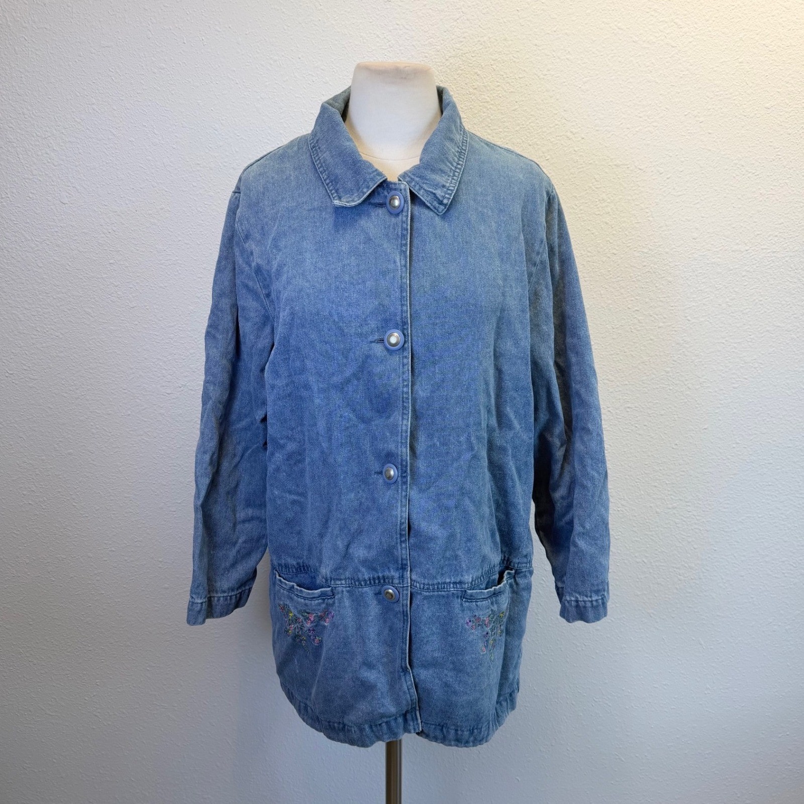 Vtg Button Up Lightweight Chore Jacket Womens Medium Cottage Embroidered Floral