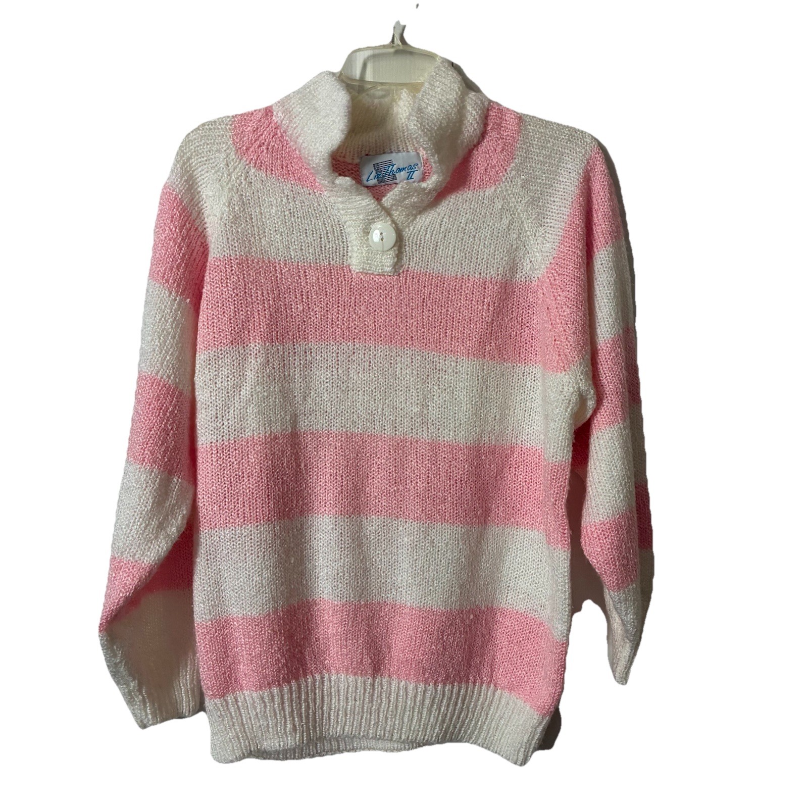 Liz Thomas Vintage Knit Sweater Sz 42/22W Pink White Chunky Stripes Collared