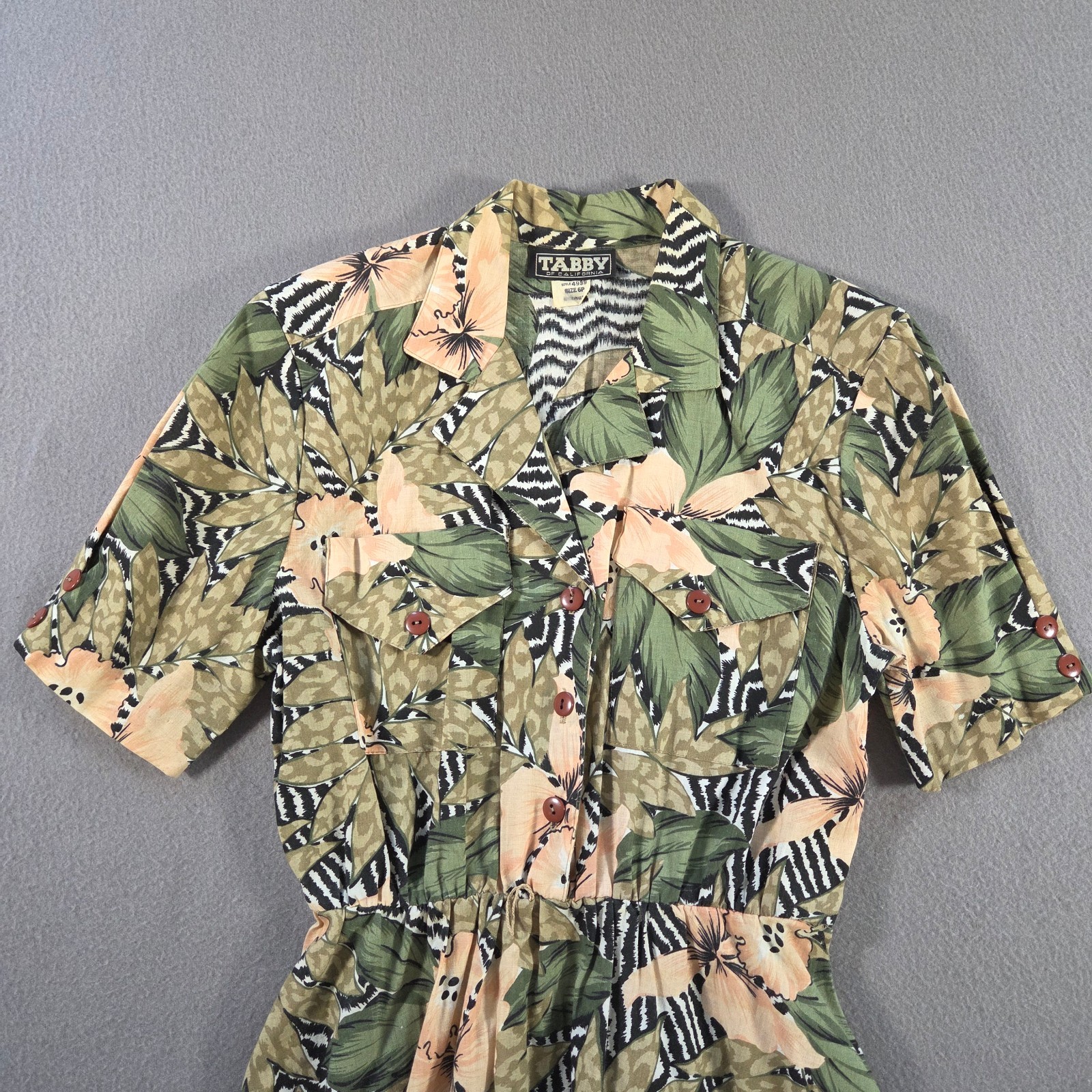 Vintage Tabby of California Dress Womens 6 Green Floral Safari Midi Flare 80s