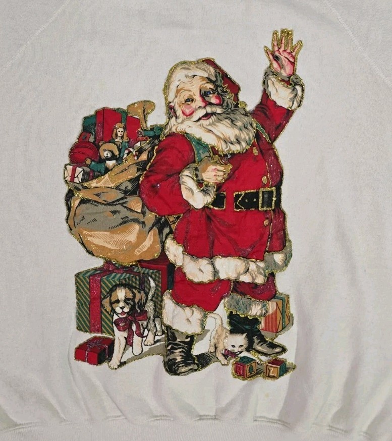 True Vintage 90s SANTA CLAUS Ugly Christmas Glitter Graphic White Sweatshirt XL