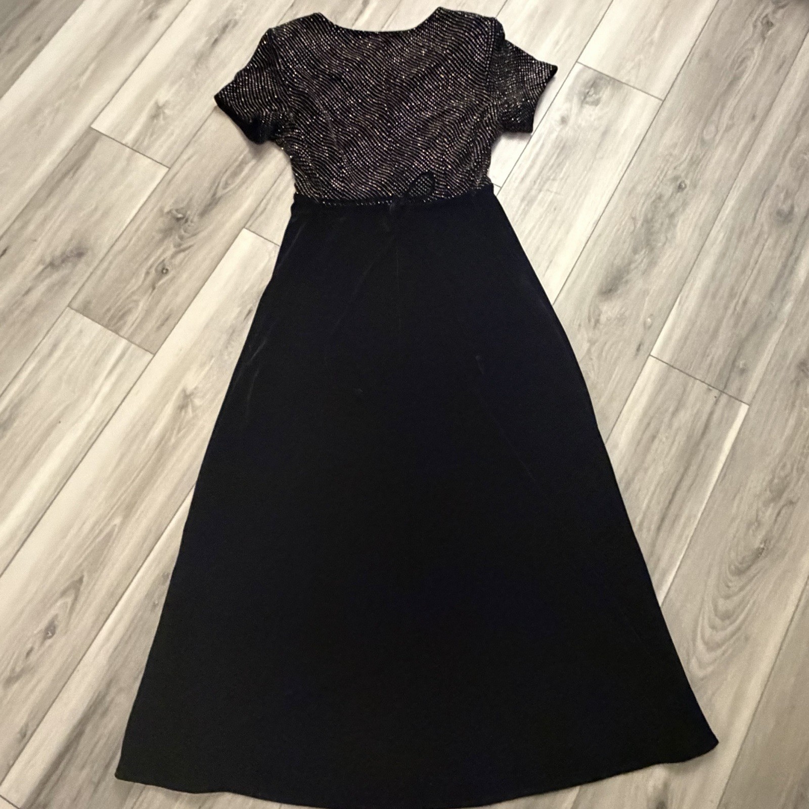 Vintage Another Thyme Black Velvet Maxi Dress Size 14 Gold Glitter Dots Tie Back