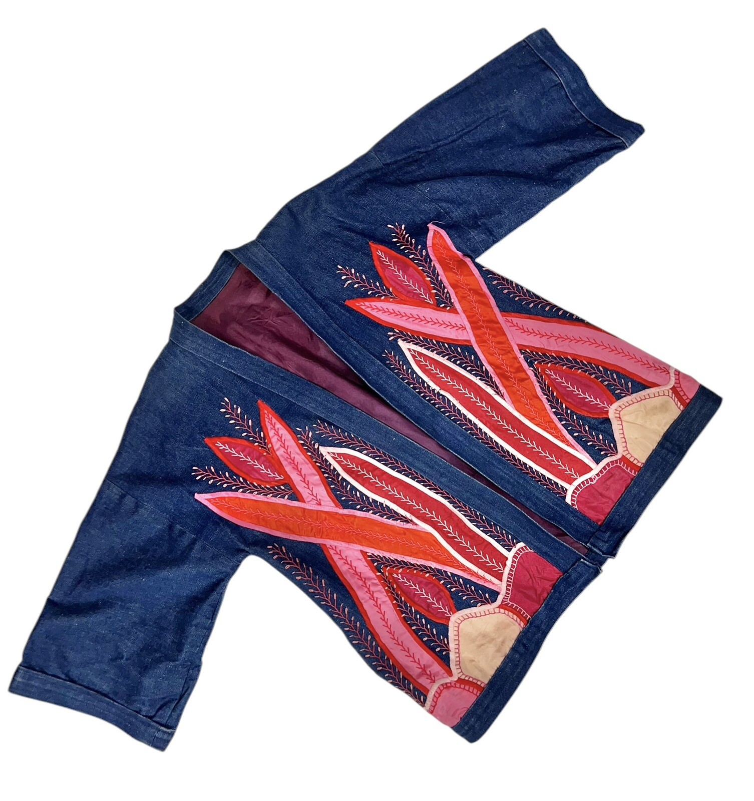 Vtg Judith Roberts La Coleccion Fiber Art Denim Kimono Coat Satin Snake Plants L