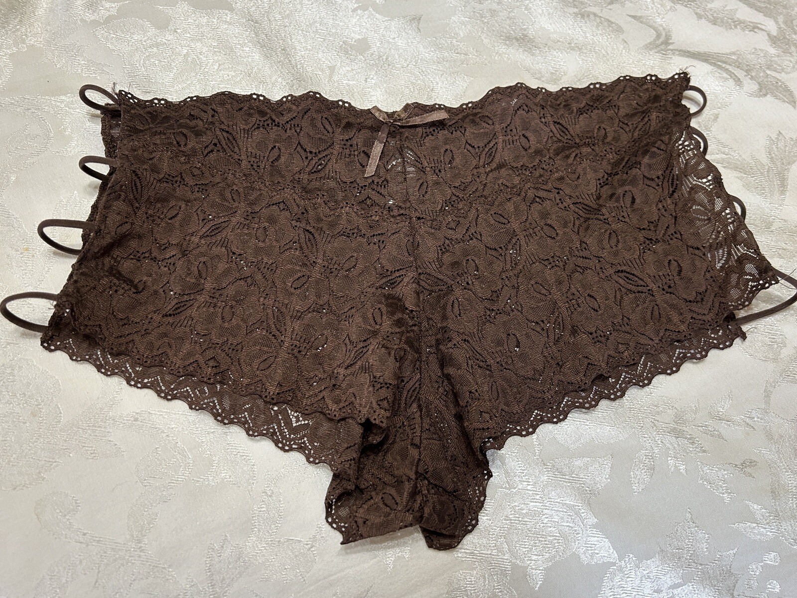Vtg DELTA BURKE 7809 Floral Stretch Lace String Side 10/3X Brown Hipster Panties