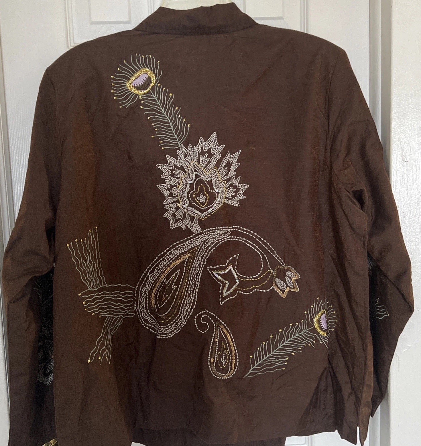 Indigo Moon Womens Blazer Size 1X Brown Button Front Beaded Embroidery Vintage