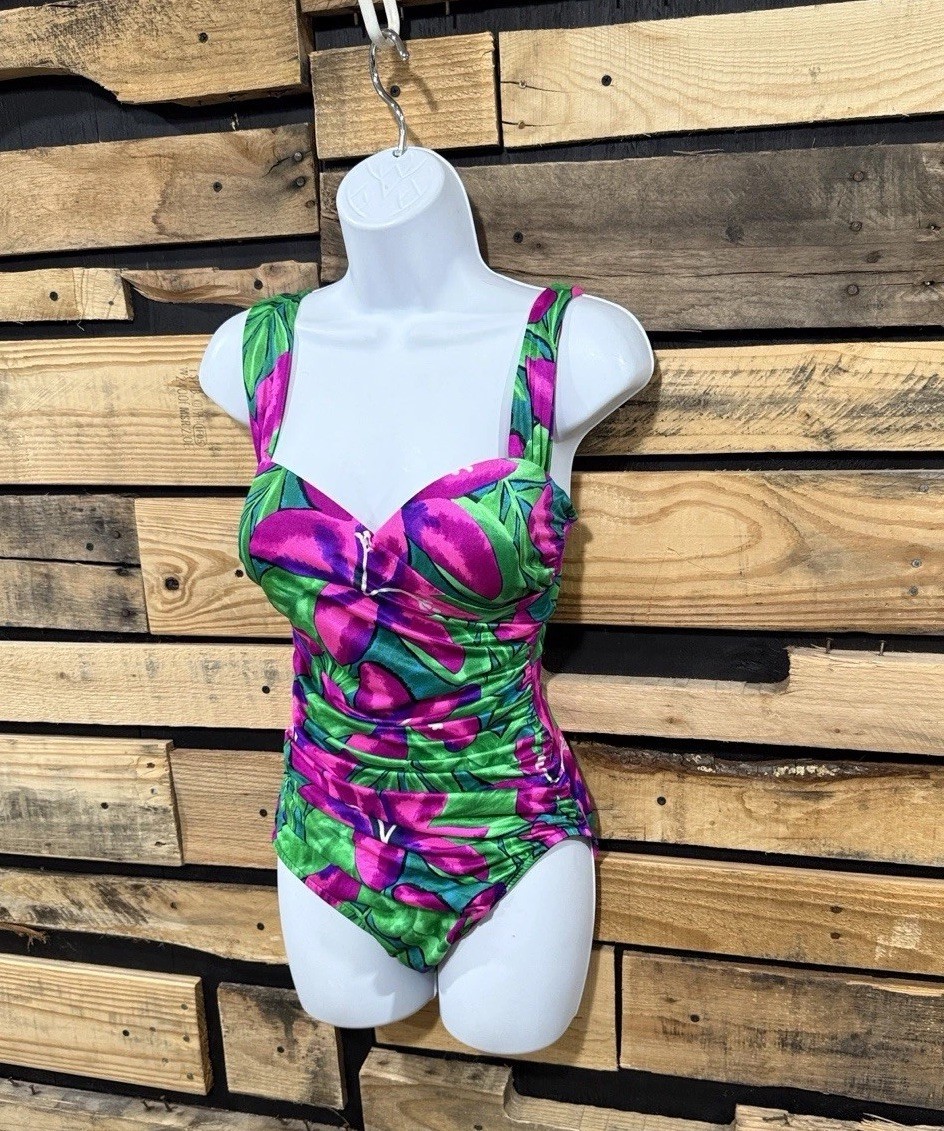 Vintage 80s Sirena 12 One Piece Swimsuit Vibrant Floral Retro Pin Up Ruched