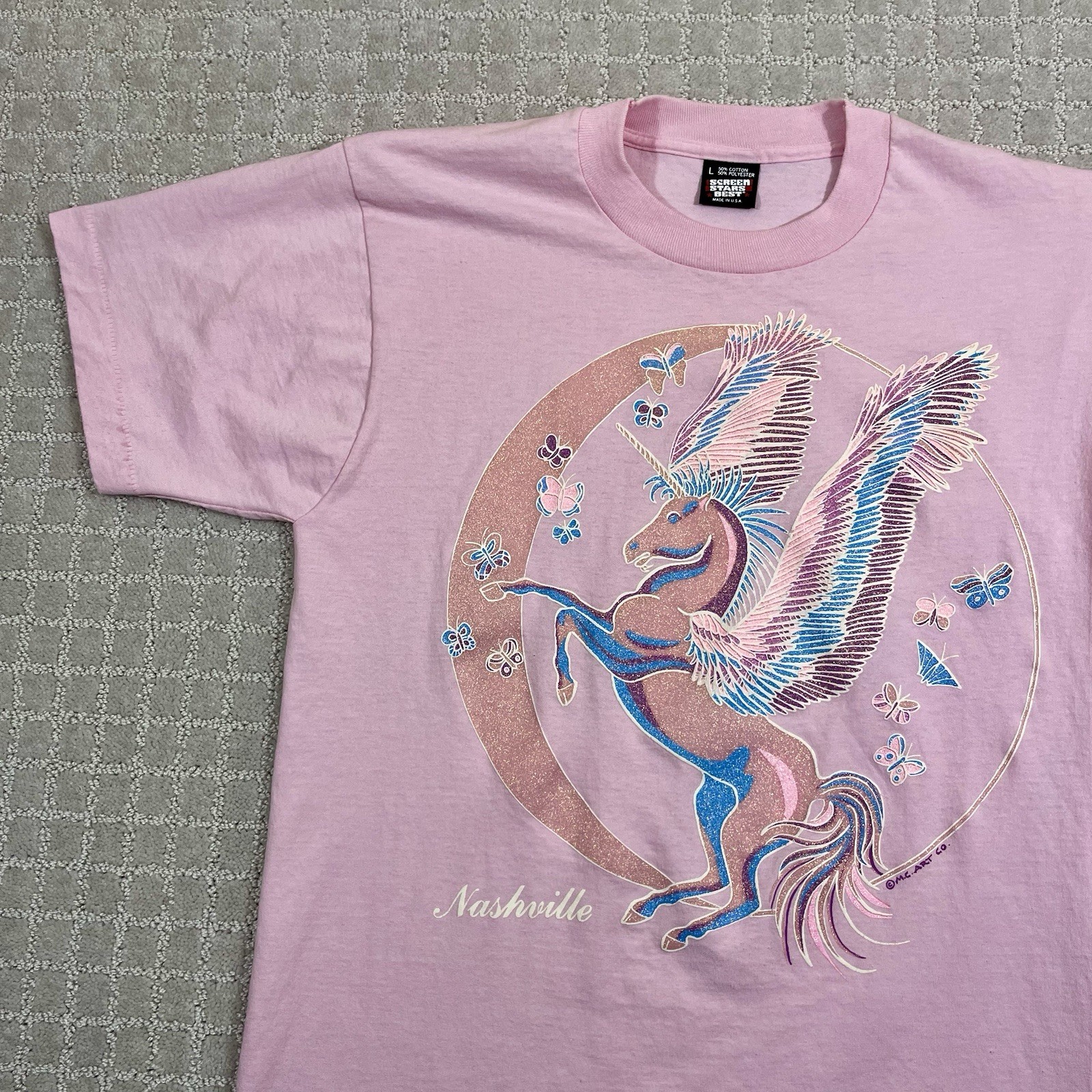 Vintage 90s Pink Pegasus Size Large Nashville Fairy Unicorn Mythology Tshirt