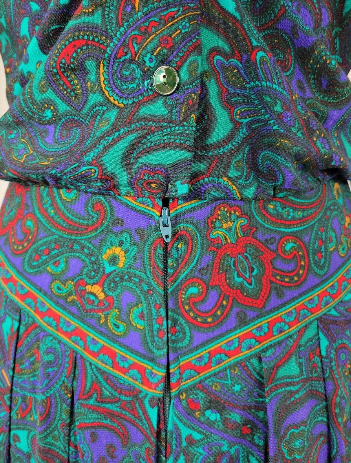 Vintage VLP Petites Green & Purple Paisley Blouson Secretary Dress SIze 8