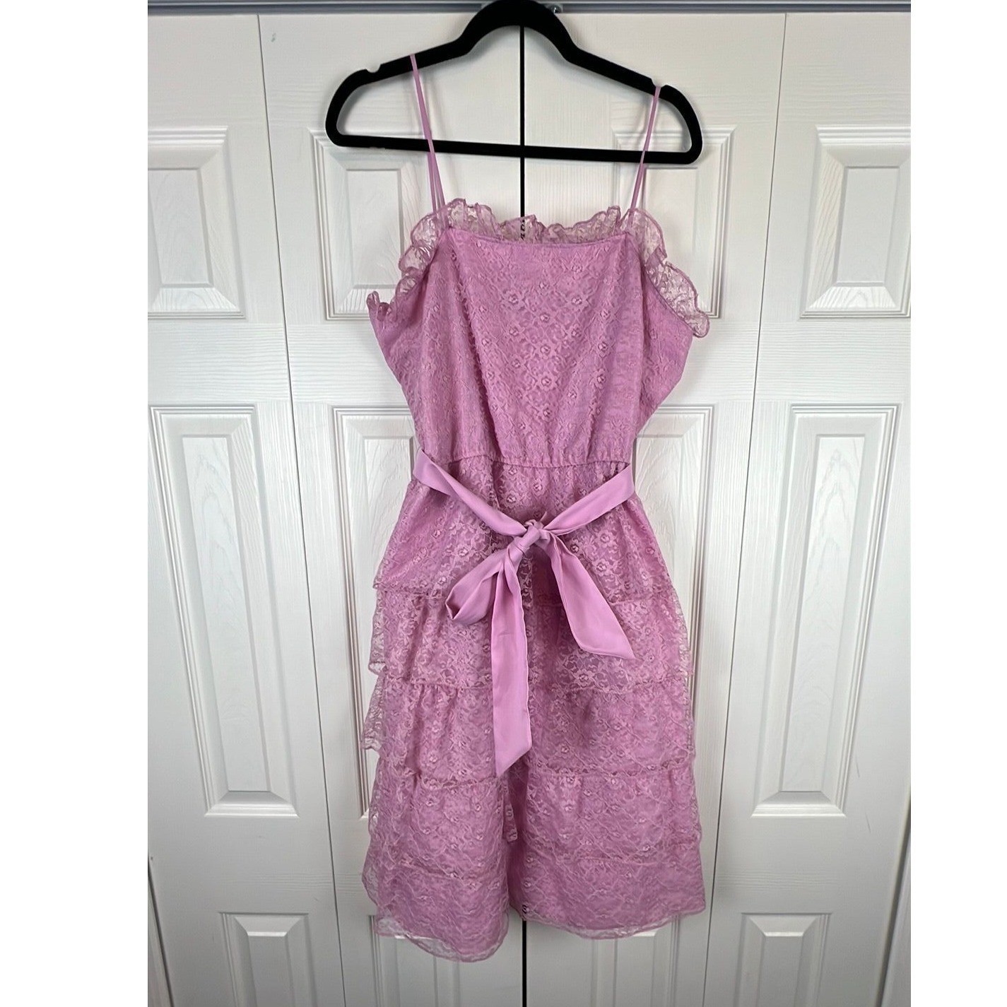 Coquette Cottagecore Vintage 80s Pink Lace Ruffle Party Dress M Pink