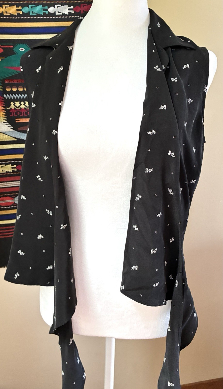 Vintage 90s Y2K Black Silk Collared Sleeveless Wrap Tie Shirt Blouse Career L