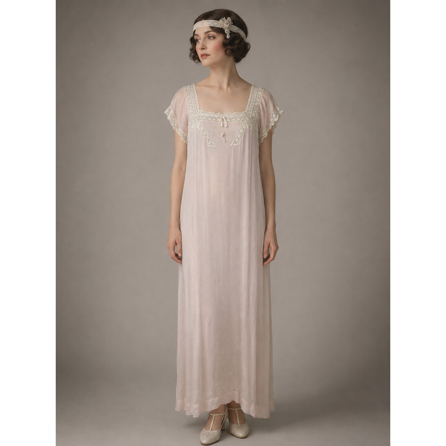 Vintage 1920s Pink Silk Nightgown White Lace Antique Flapper Lingerie Dress