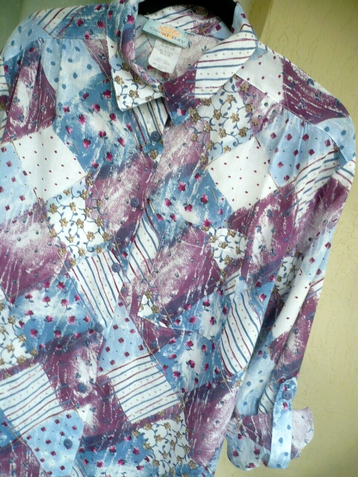 VTG CORAL BAY 80 90S BUTTON UP COTTON FLORAL PATCHWORK PRINT XL L TAB SHIRT LADY