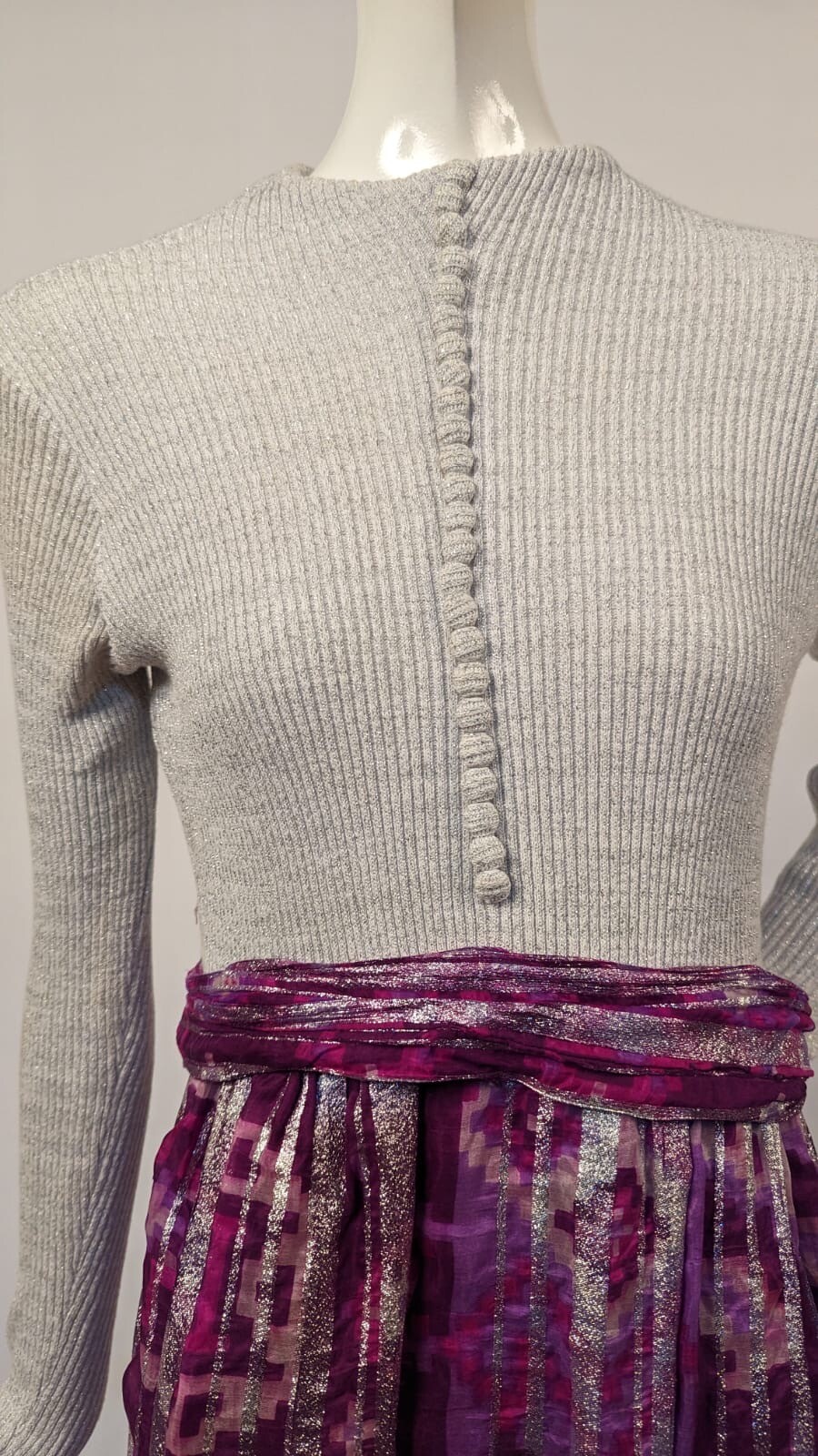 VINTAGE 1970’S GLITTERED GRAY KNIT + SILVER STRIPED FLORAL LONG DRESS