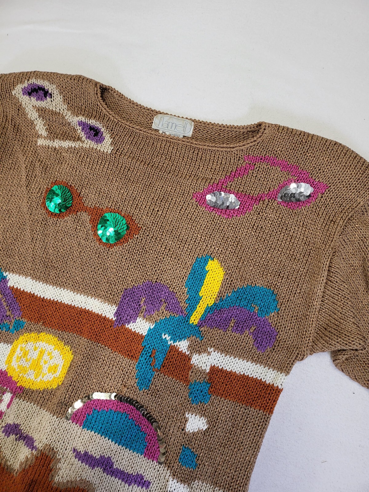 VTG NANNELL Beach Theme Hand Knit Sweater Sunglasses Palm Tree Sunbather Medium
