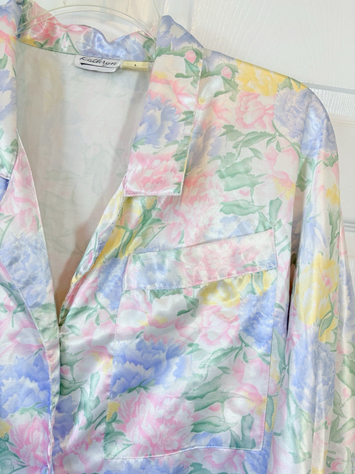 Vintage Kathryn Satin Pastel Floral Flannel Night Shirt Nightgown Gown~Large