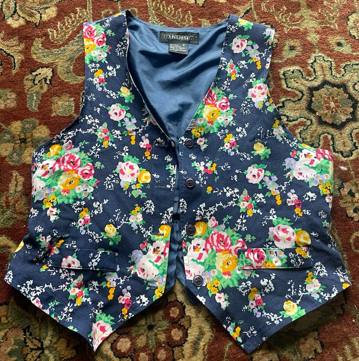 Vintage 80s COUNTERPARTS Floral Vest Patchwork Back Size 8 Rayon Cottagecore