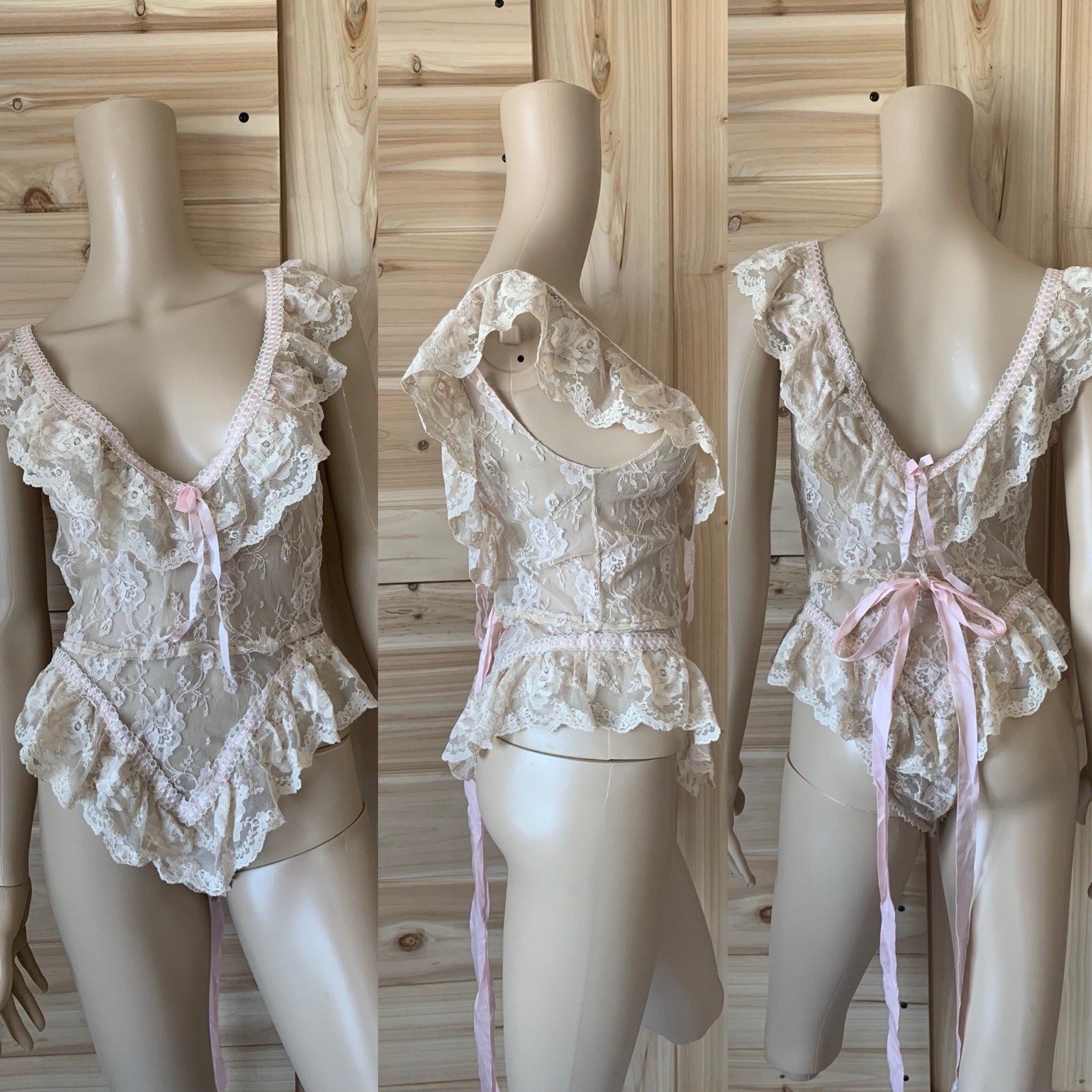 Vintage 70s 80s Designer Emil Bole Tan Beige nude Floral Lace Teddy W Ribbons