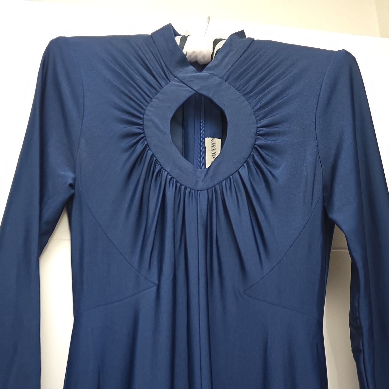 Vintage Robert-David Morton Navy Blue Jersey Gown | Keyhole Neck Maxi Dress 70s