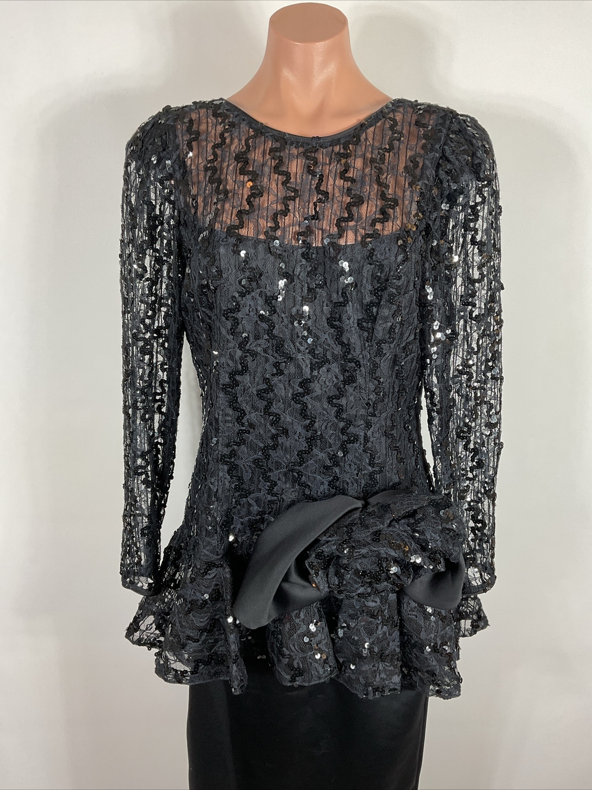 80s VTG Black Sequin Satin Sleeve Prom Party Formal Dress Long Sleeve M/L Bow