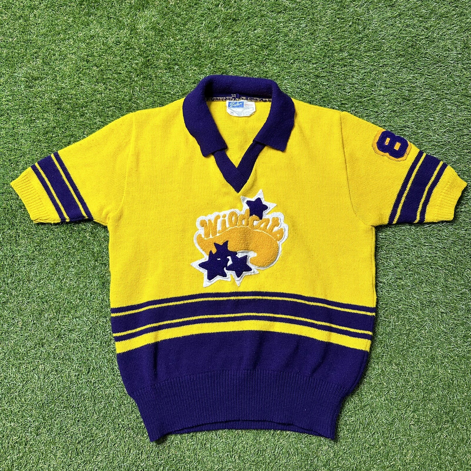 Vtg Dehen Varsity Wildcats “Joni”Cheerleader Acrylic Purple Yellow Retro Patches