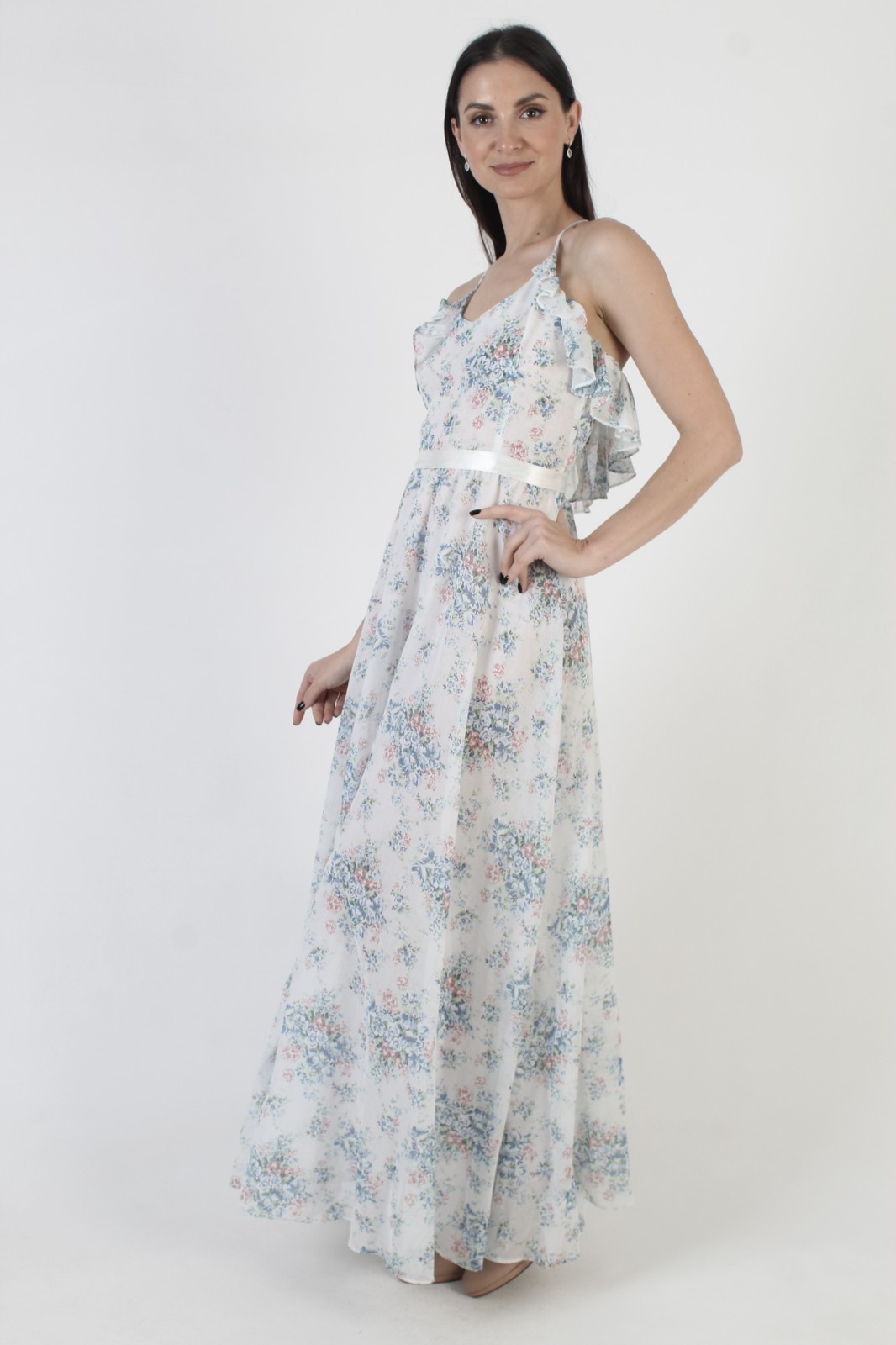 Vtg Off White Prairie Sundress Open Back Spaghetti Strap Cottage Boho Maxi Dress