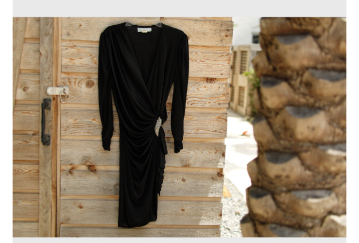 RARE Vintage 1980s Black Filigree Draped Cocktail Dress — Rhinestone Brooch Deta