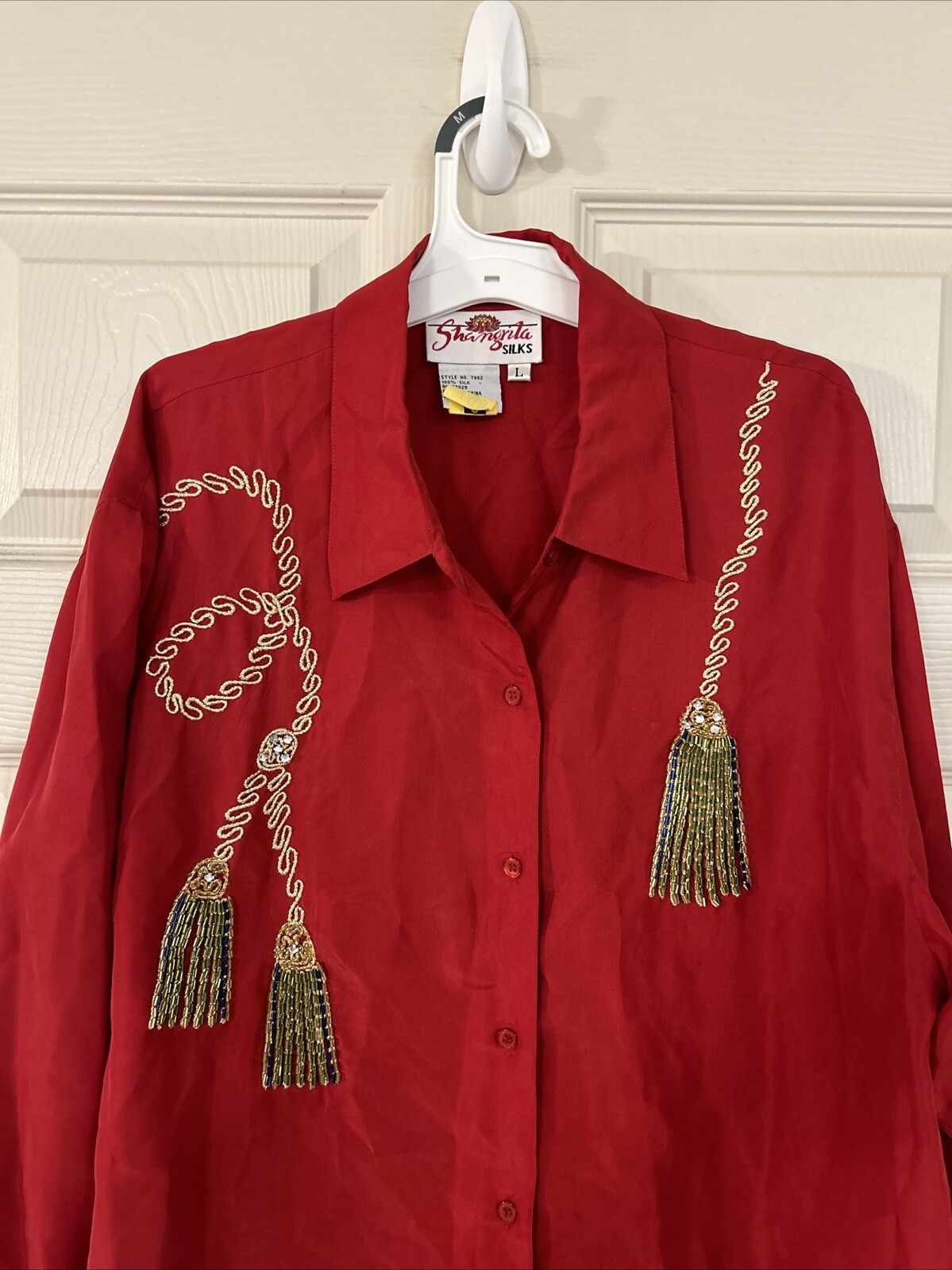 Vintage Red Beaded Sequins Silk Women’s Shangri-La Hong Kong Shirt Blouse Top L