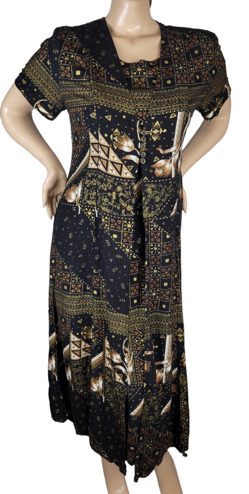 Vintage 90s Betsy Lauren Black Floral Tribal Cottagecore Grunge Maxi Dress 14