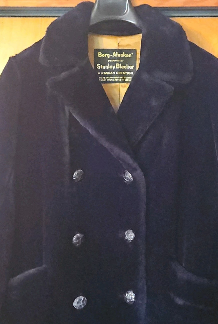 Borg-Alaskan Kashan Stanley Blacker Coat Black Faux Fur Double Breasted Lined