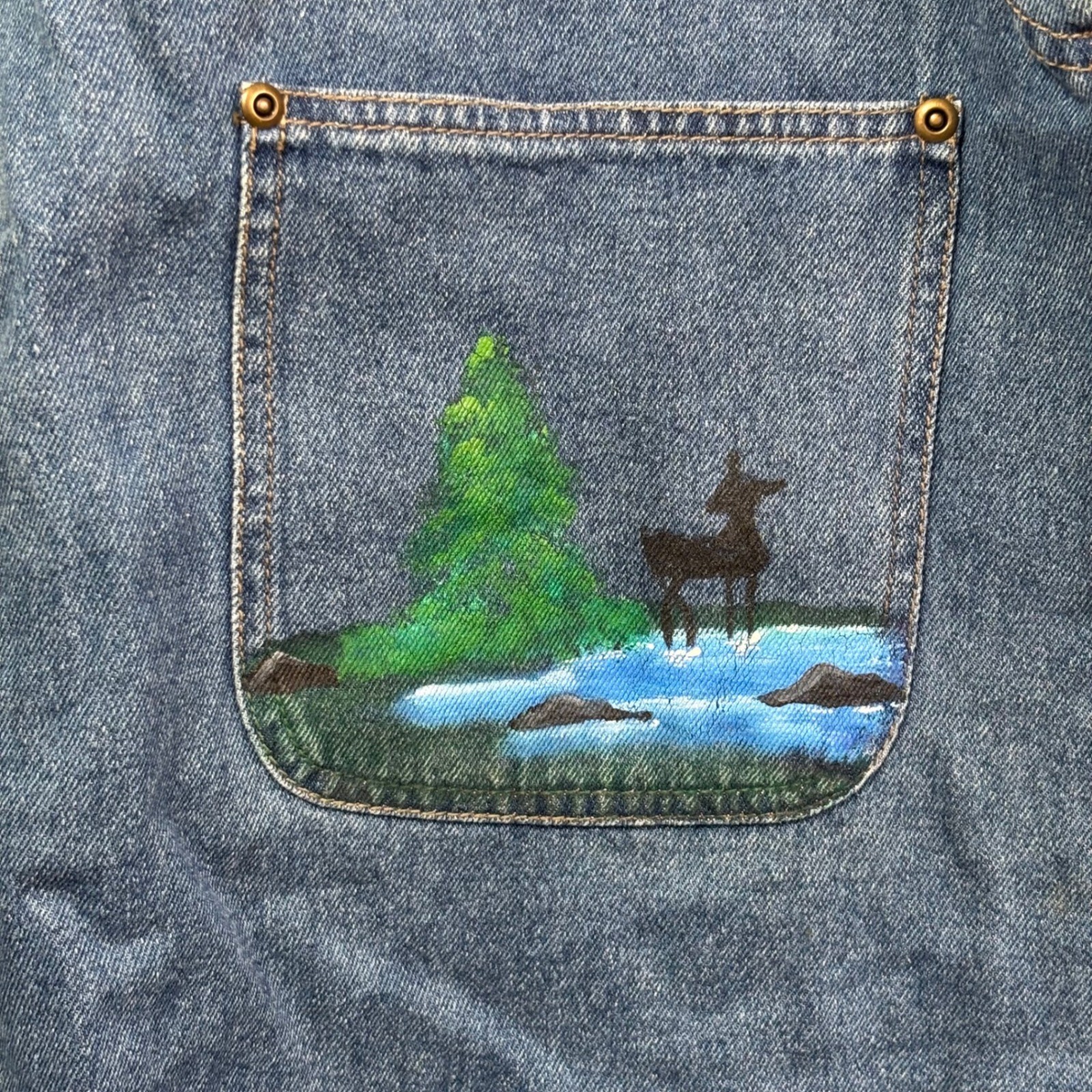 Haiks Vintage Blue Denim Hand Painted Cabin Deer Jumper Dress Womens Large Woods
