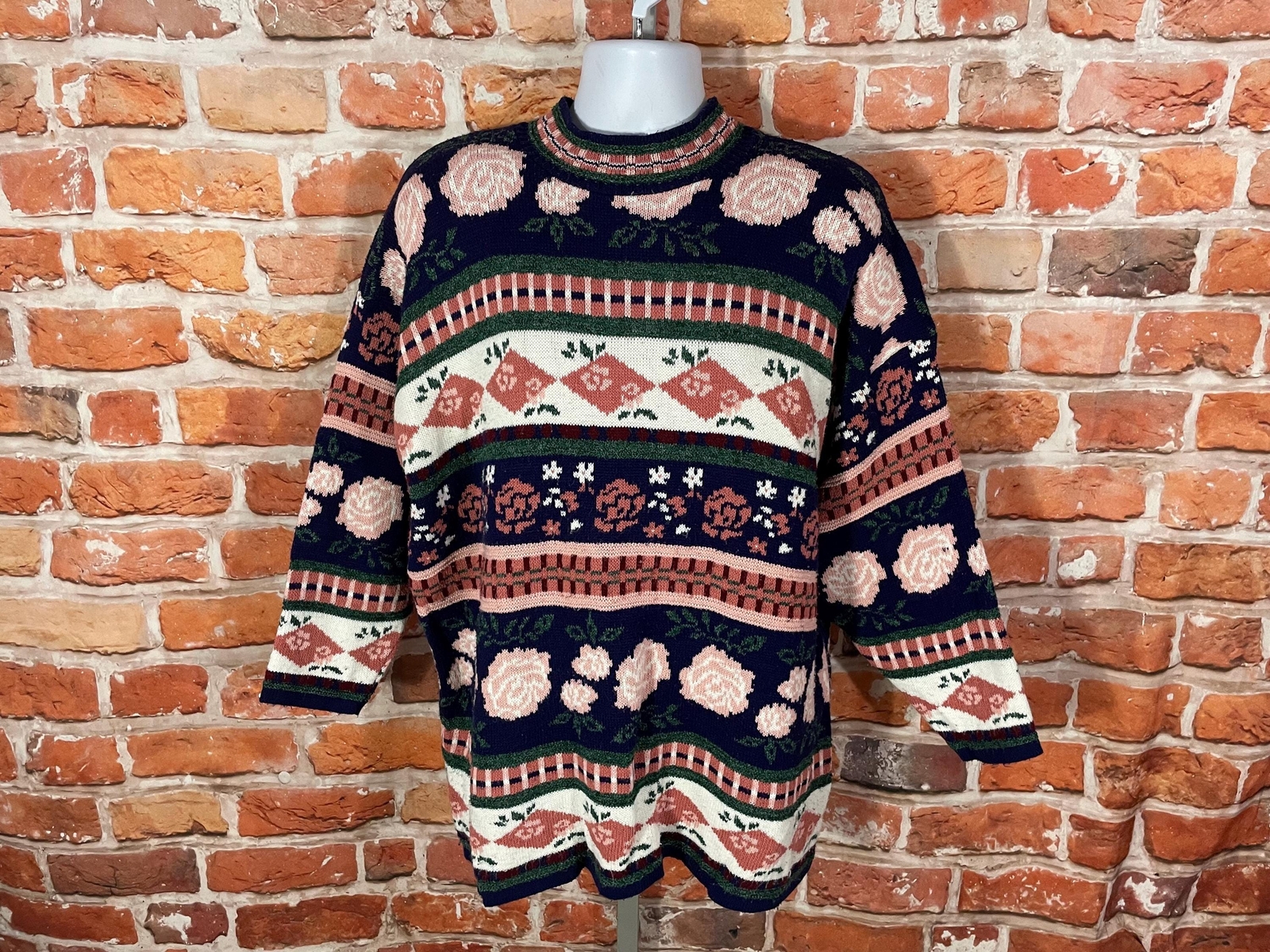 vintage 80s 90s funky country floral sweater – sz 2XL oversized w 3/4 sleeves –