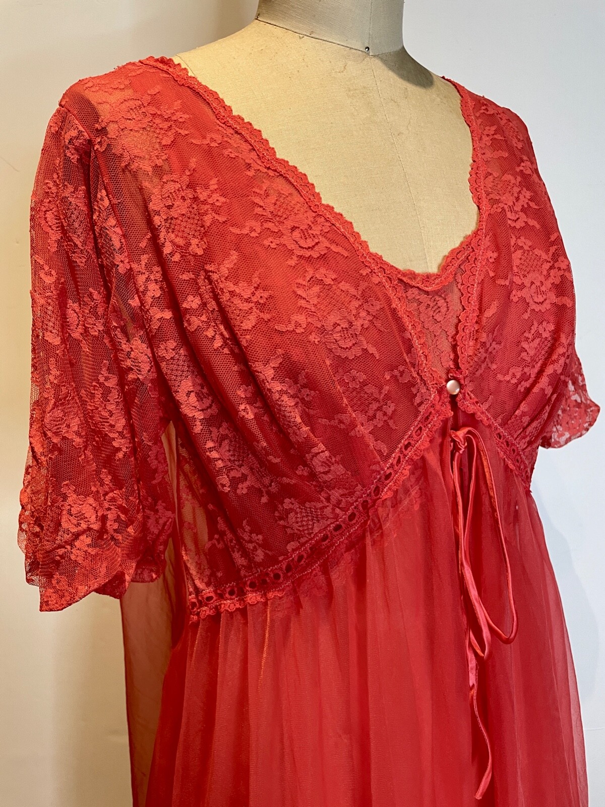 VTG RADCLIFFE RED SHEER CHIFFON&LACE FULL SWEEP PUFF NIGHTGOWN&PEIGNOIR SET*34 S