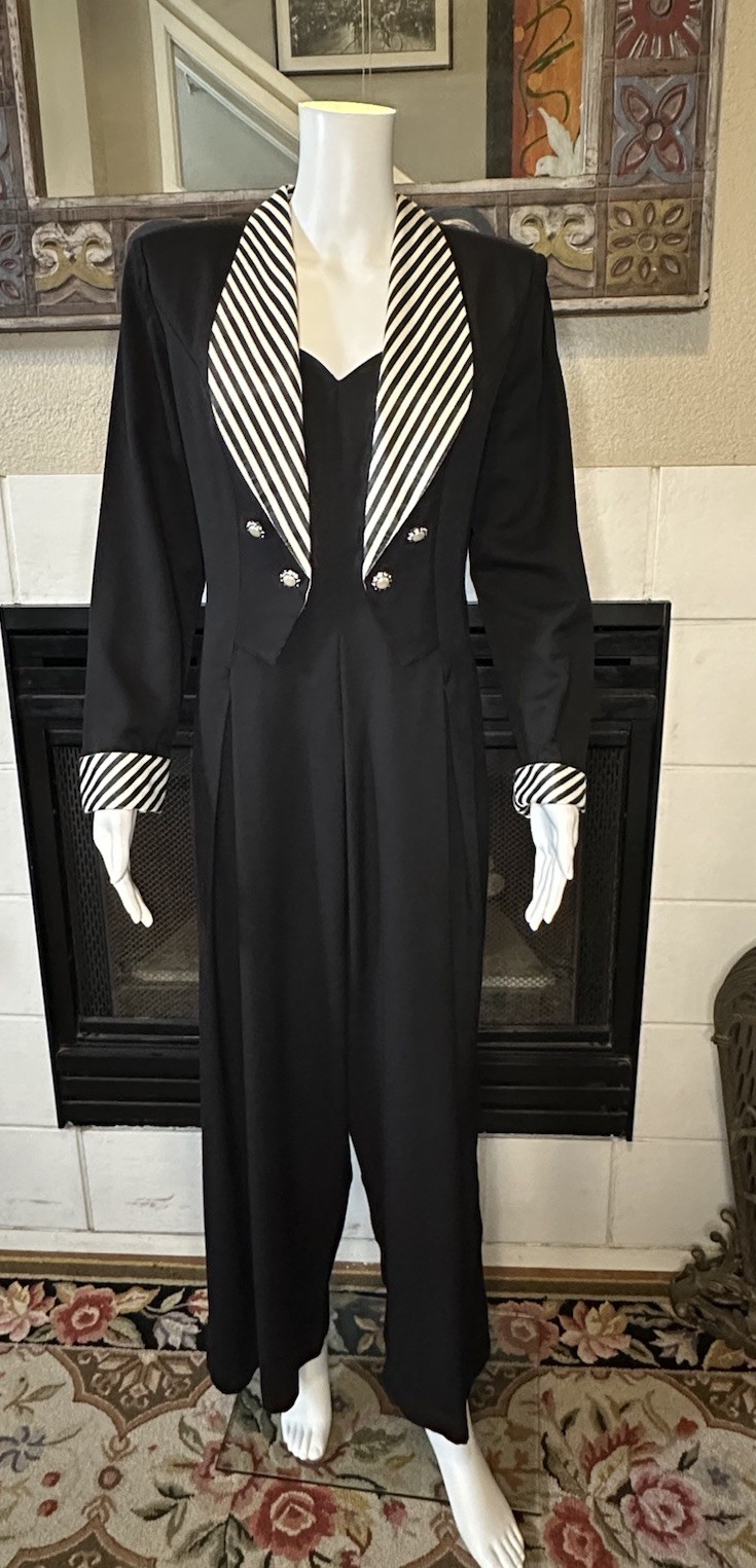 Vintage Black Striped Shawl Collar Wide Leg Palazzo Tie Back Tuxedo Jumpsuit