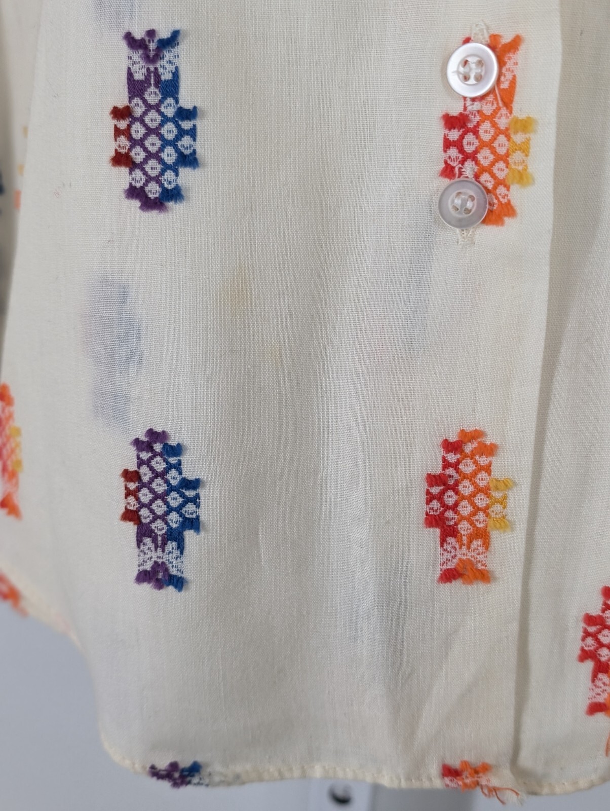 Vintage 70s Embroidered 3D Multicolor Boho Allover Print Disco Shirt Take #1 44″